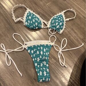 Teal and White Lace Trim Bikini Set #26